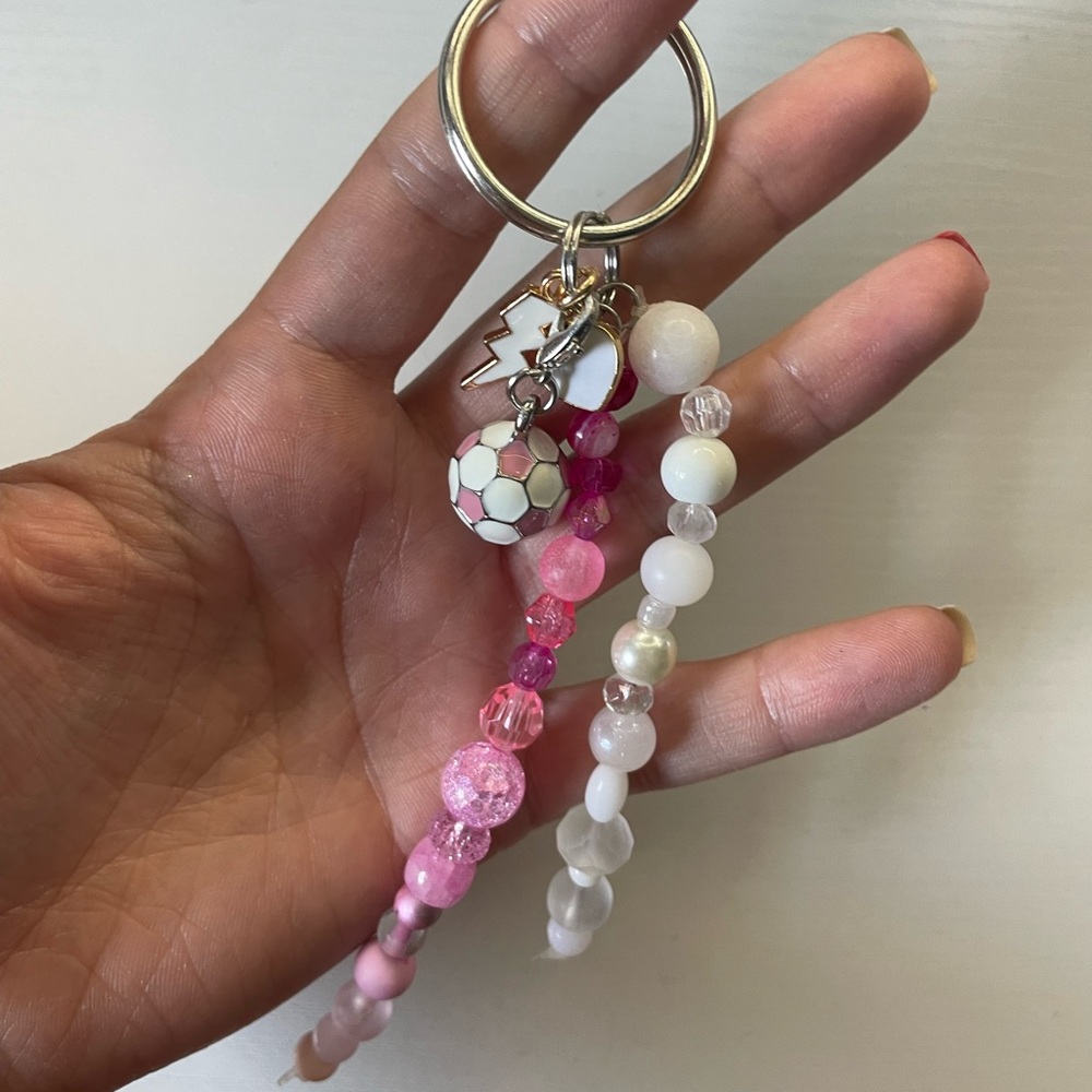 Handmade Pink and White Beaded Keychain